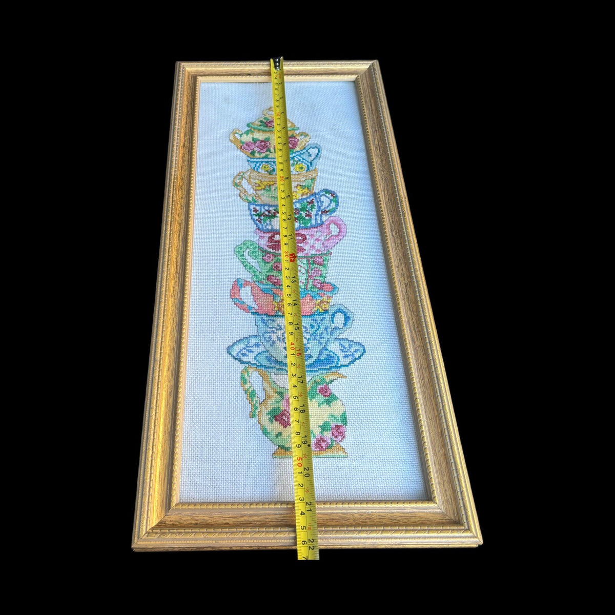 Framed Needlework Stacked Colorful Tea Cups Wall Hanger Cross Stitch
