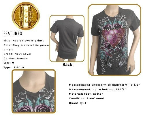 Next Level T-Shirt ABSTRACT Hearts & Flowers Graphic Neck Gray Tee MD Cotton Top