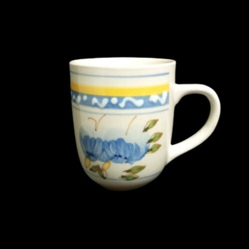 Gibson Designs CONCORDIA 3-Mugs 9 oz Blue Yellow Fruit Band Ceramic Coffee Cup