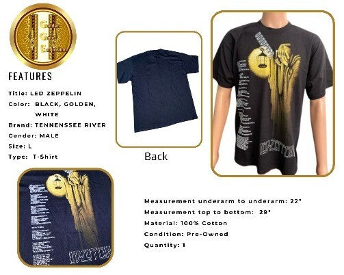 T-Shirt Led Zeppelin Tennessee River Lyrics Black LG Men Crew Neck