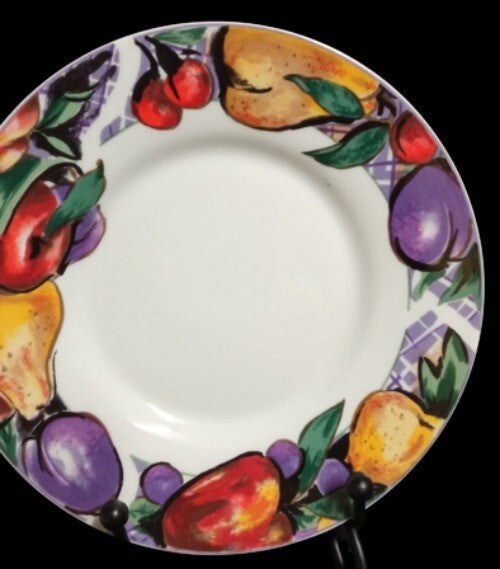 Gibson Designs CORNUCOPIA FRUIT 4-Sauce Plates 6 ¼”D Apple Pear Cherry Plum 