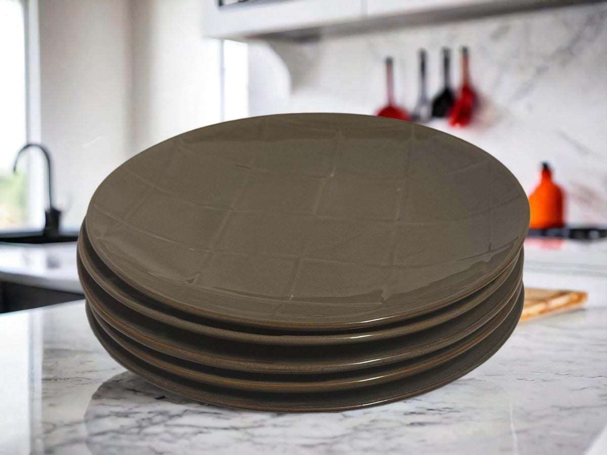 Set of 5 Pier 1 Cubic 11” D Dinner Plates Brown Stoneware Textured Grid Look