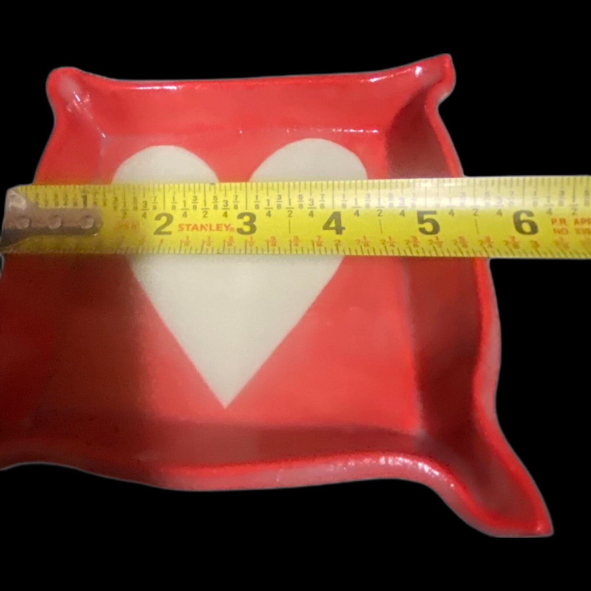 2-Trinket Red Dish White Heart Valentines Square Art Pottery Rings Tray Signed