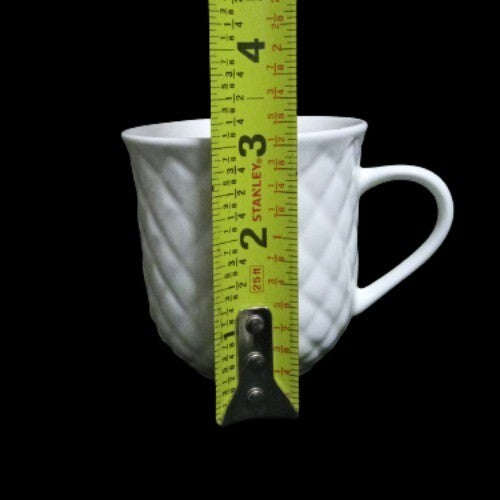 Gibson Designs ANTIQUE QUILT 3-Flat Cups & Saucers 8 oz White Embossed Quilt Rim