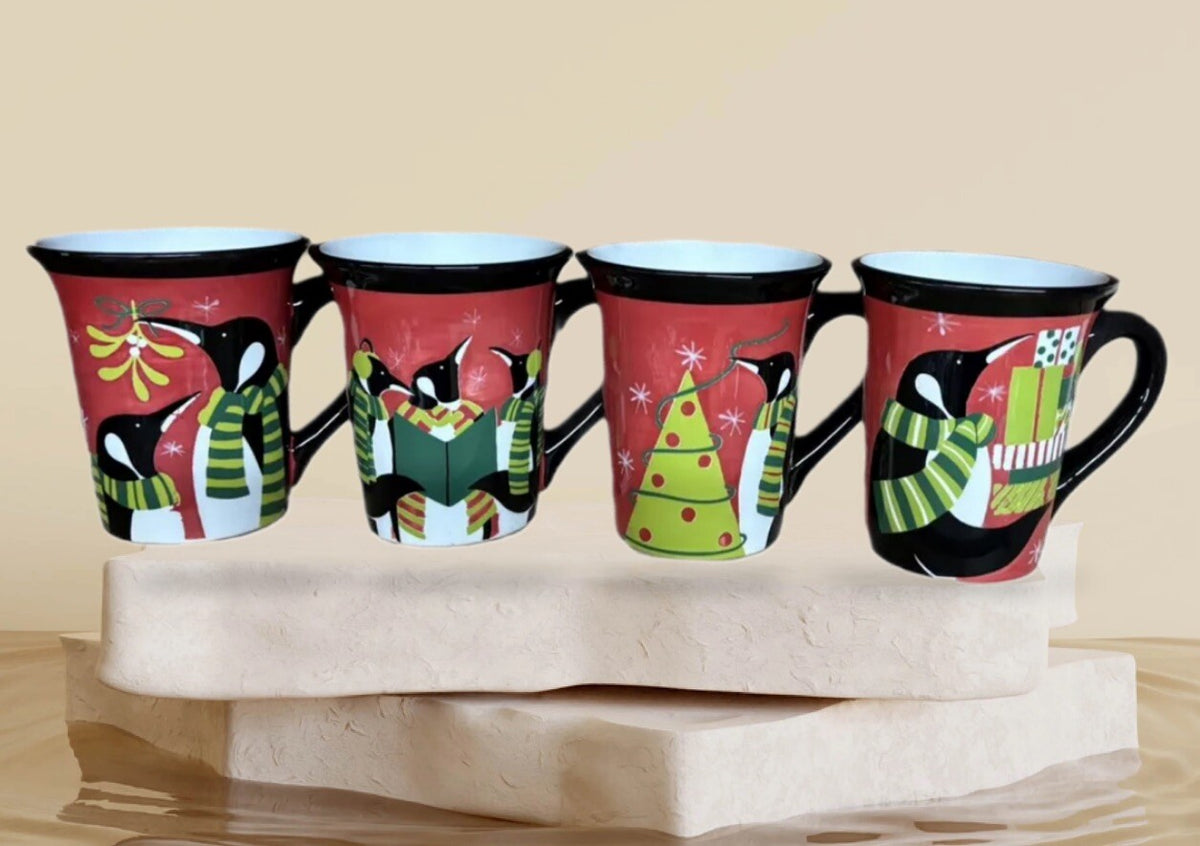 STEPHANIE STOUFFER 4-Mugs Penguins Certified Int’l Ceramic Red Coffee Tea Cups