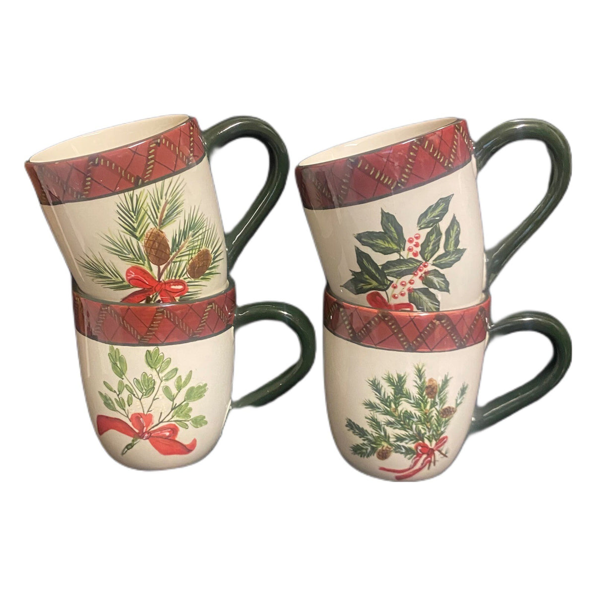 Sakura Holiday Greens 4-Mugs Red Green Plaid Border Coffee Tea  Stoneware Cup