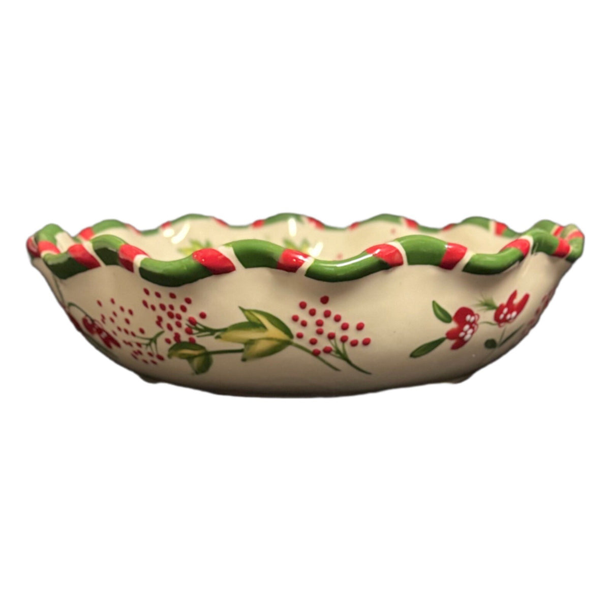 BOSTON WAREHOUSE Serving Bowl Scalloped Christmas Tree Floral Red Green Dish