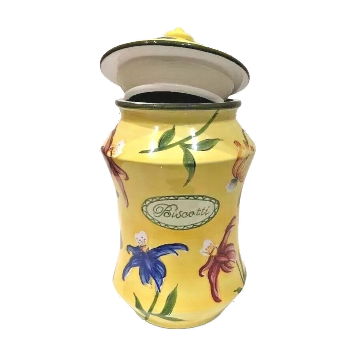 Nonni's Biscotti Cookie Jar & Lid Handmade Ceramic Floral Yellow Canister 12.5"H