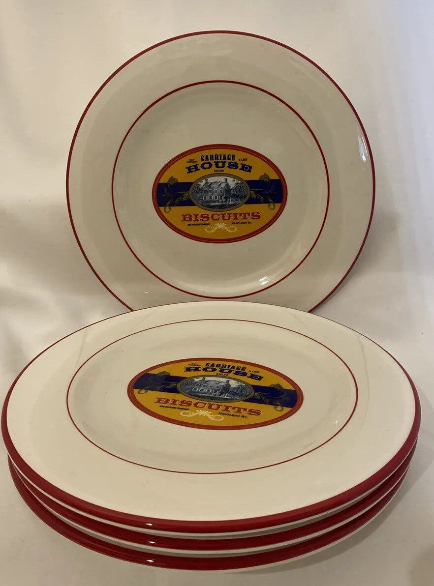 Williams Sonoma Carriage House Biscuits 4 White Luncheon/Salad Plates Red Trim