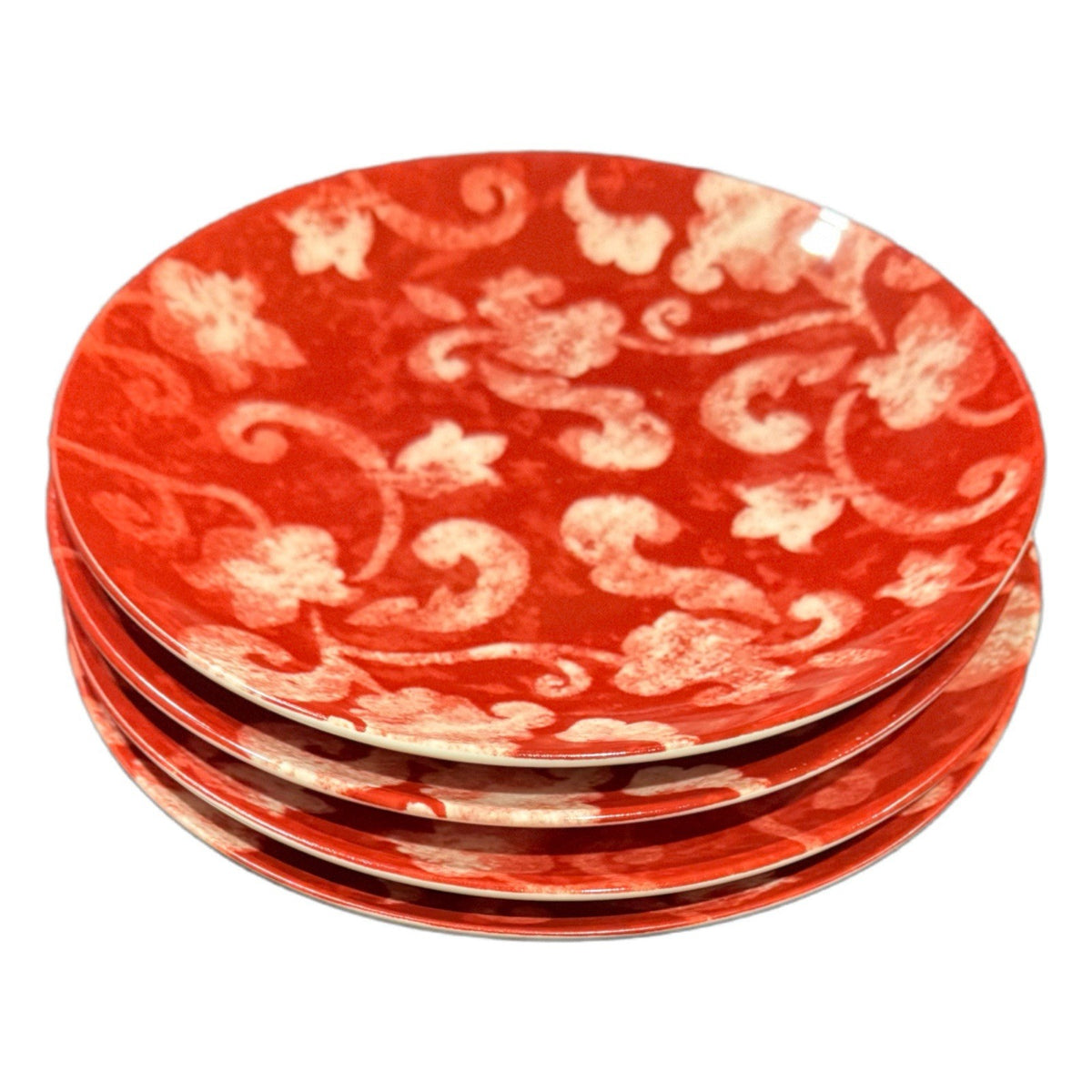 Set of 4 Cordon Bleu BIA Red Scroll Plates 8” China 2007 Stoneware Dinnerware