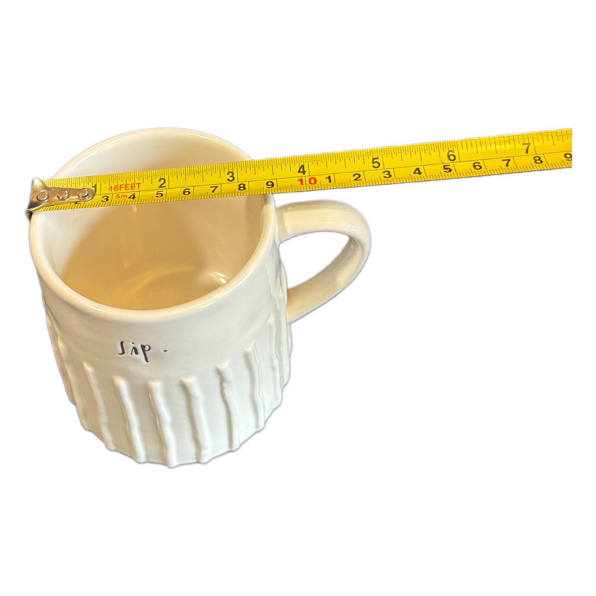 RAE DUNN SIP Mug Ribbed Coffee Tea Drink Artisan Collection Magenta 4” H White