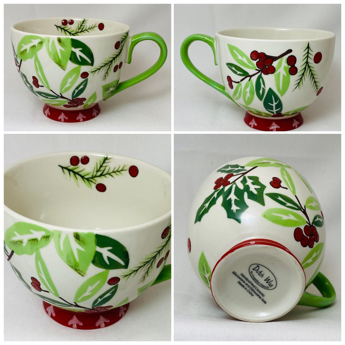 Dutch Wax Footed Mug Coastline Imports White Cup Hand Painted Holly Berries 12oz
