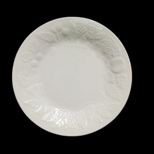 Gibson Fruit 4-Salad Plates White Embossed Apple Grape Cherry Pear Dessert 7.5”D