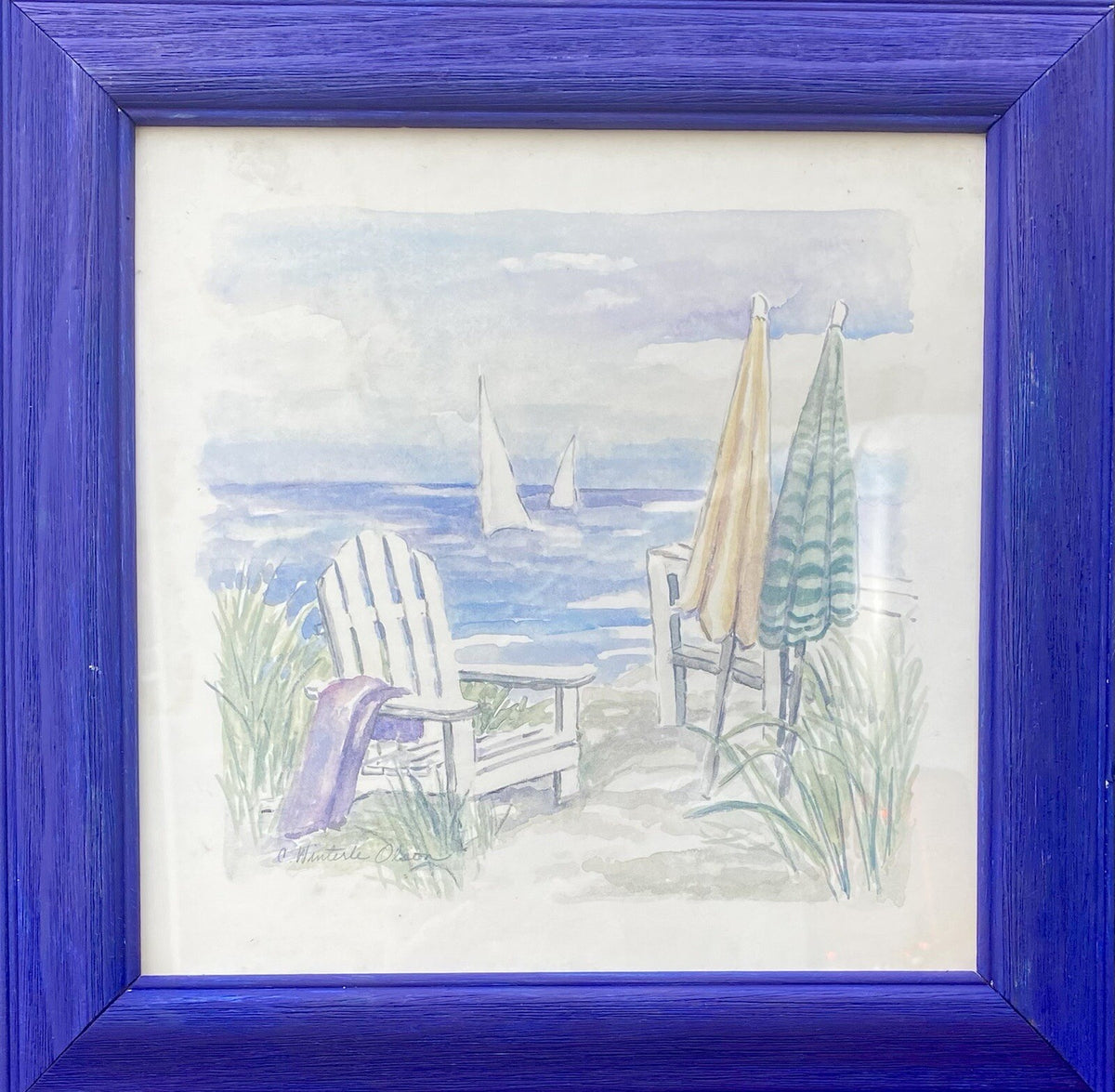 Vintage Set of 4 Charlene Winterle Olson Coastal Beach Prints Blue Frame 11.5"
