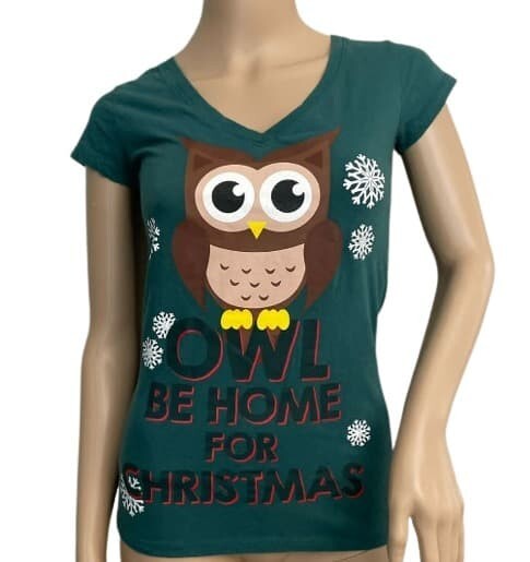 T-Shirt OWL be Home for Christmas L.O.L. VINTAGE Sm. V-Neck Cap Sleeves Green