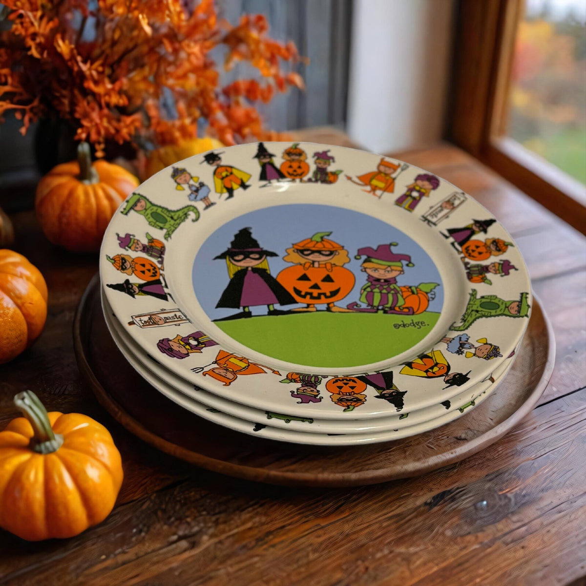Ursula Dodge GOBLINS 3-Salad Plates Signature Halloween Ceramic Dessert Dish