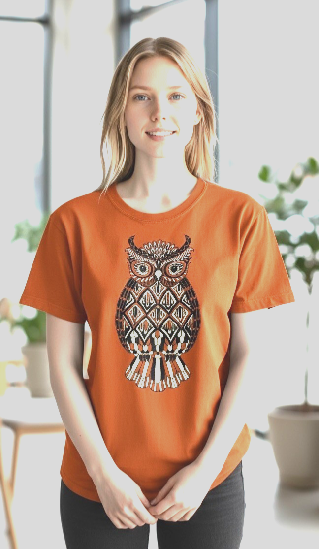 Owl Embellished Sequin Beaded Orange Graphic Tee Women Girls M 8-10 Casual Top