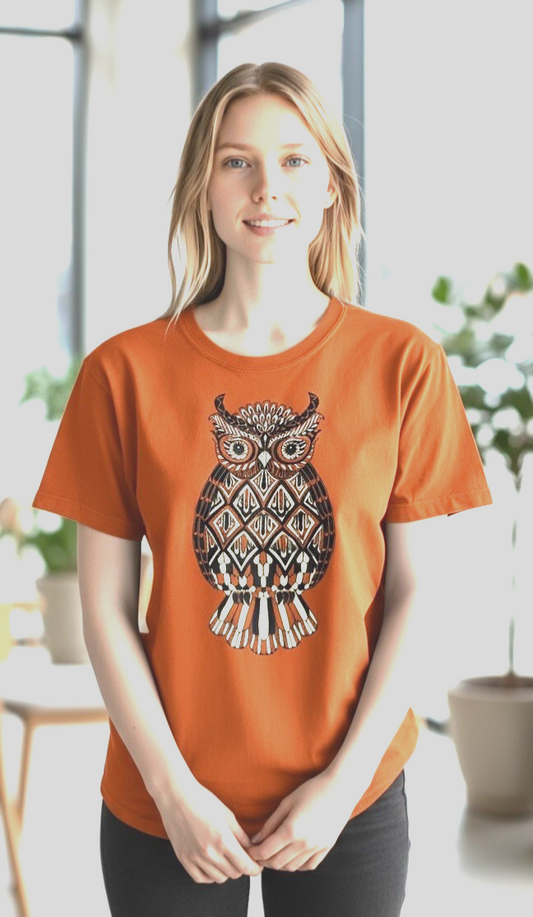 Owl Embellished Sequin Beaded Orange Graphic Tee Women Girls M 8-10 Casual Top