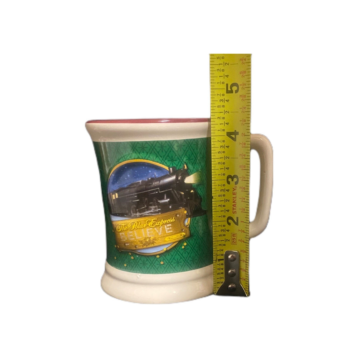 The Polar Express Green BELIEVE 3D Raised Ceramic Coffee Chocolate Cup Train