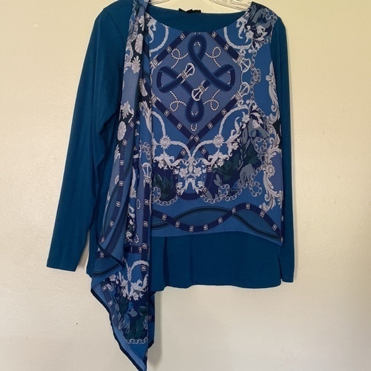 DG2 by Diane Gilman Printed Scarf Overlay Long-Sleeve Knit Top S