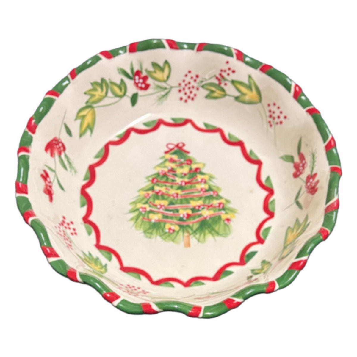 BOSTON WAREHOUSE Serving Bowl Scalloped Christmas Tree Floral Red Green Dish
