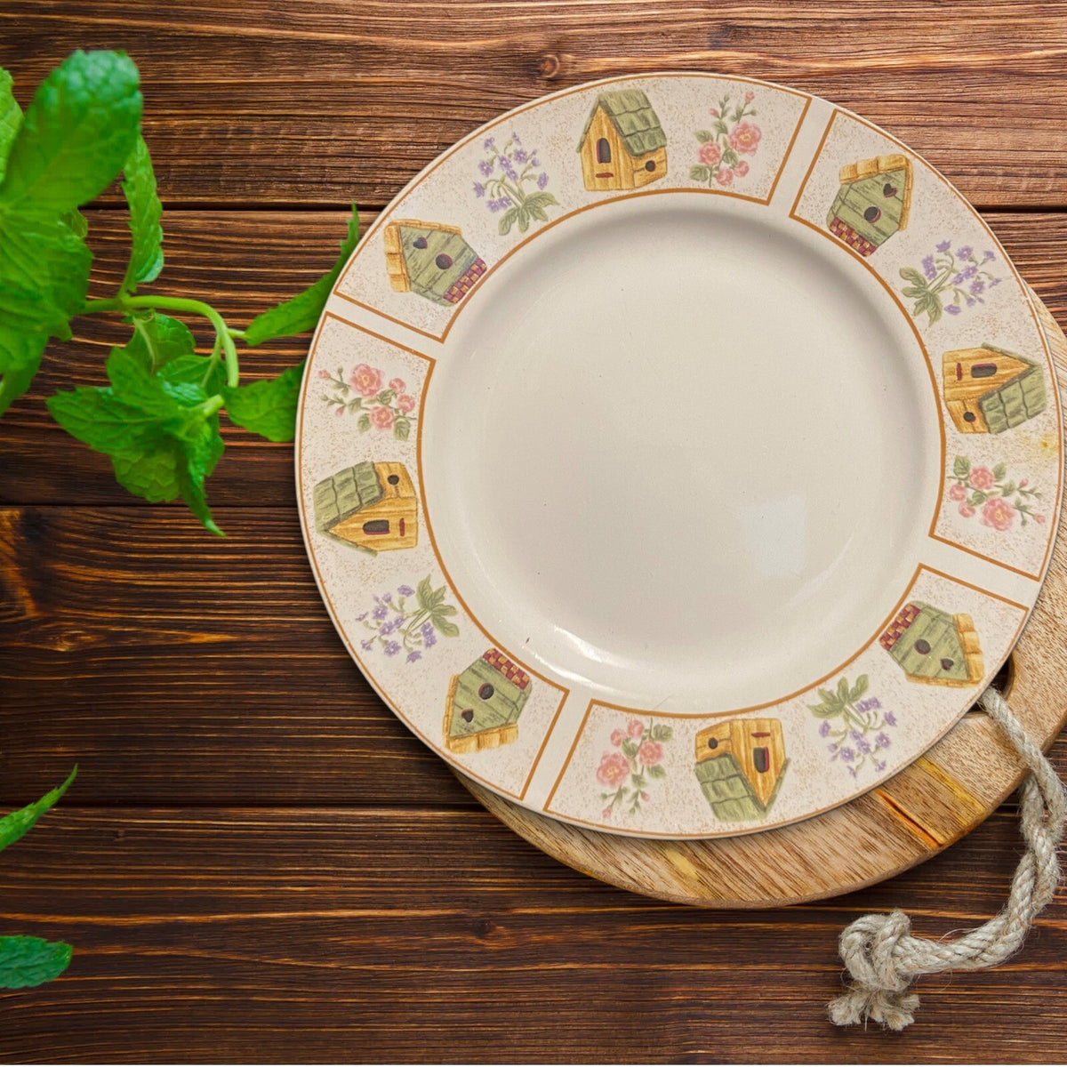 Gibson Designs AVIARA 5-Dessert Plates Yellow Green Bird Houses Bread & Butter