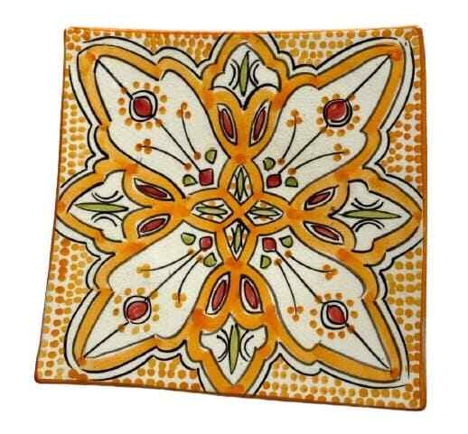 Handmade Moroccan Orange Pottery 4-Plates 6.5” D Square Salad Bread Appetizer