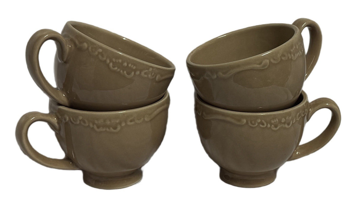 Casa Cristina Taupe Scalloped Tea Cups Set of 4 – 3.5”W x 3”H Stoneware