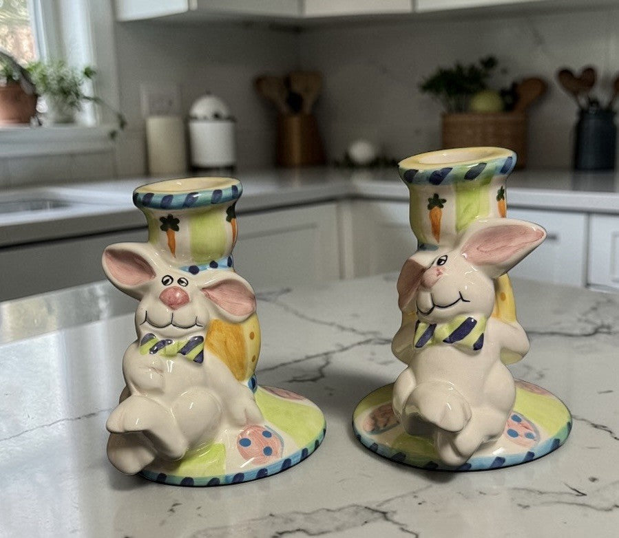 Bazaar Inc World Bunny Rabbit Candle Holders Easter Pair Ceramic 4.1/8”