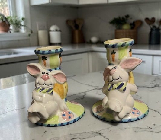 Bazaar Inc World Bunny Rabbit Candle Holders Easter Pair Ceramic 4.1/8”