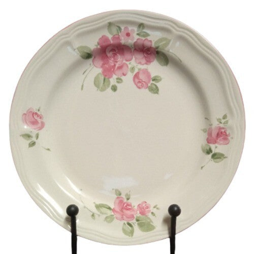 Gibson Designs ROSELAND 6-Dinner Plates 10 ½” D Pink Roses Pink Trim Tan Body