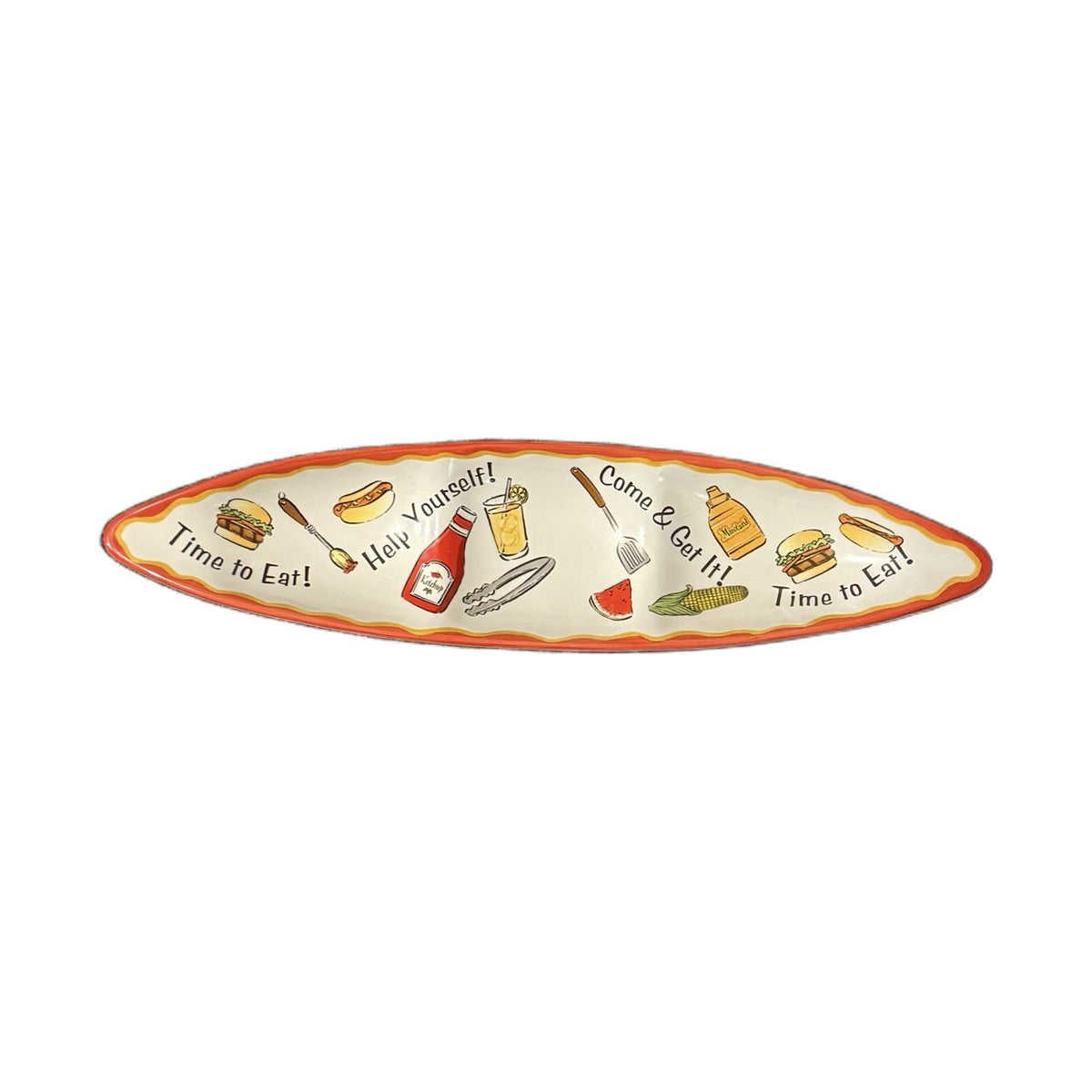 Ganz Bella Casa Skateboard Tray Ceramic Oval Serving Platter with Food Graphics