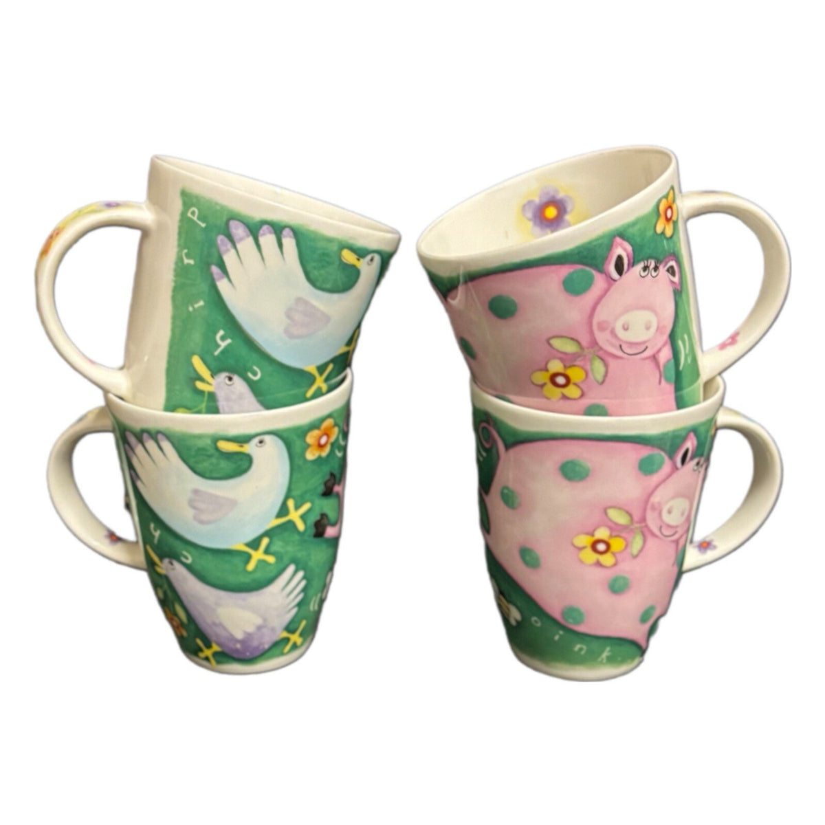 Roy Kirkham 4-Mugs COUNTRY CAPERS Farm Pig  Birds Floral OINK Bone China England