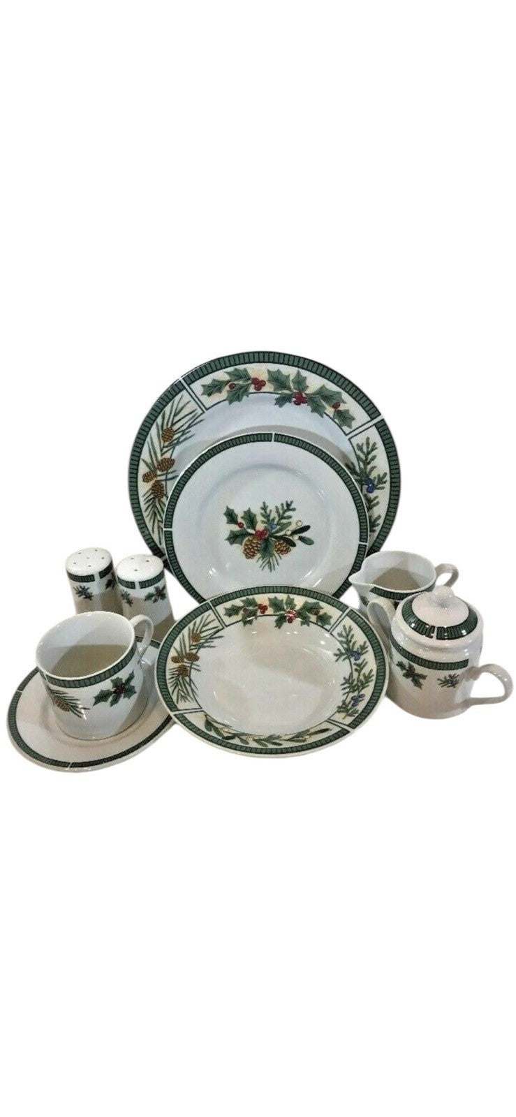 Fairfield Wintergreen 45 Piece Fine China Set Holiday Holly Pinecone Dinnerware