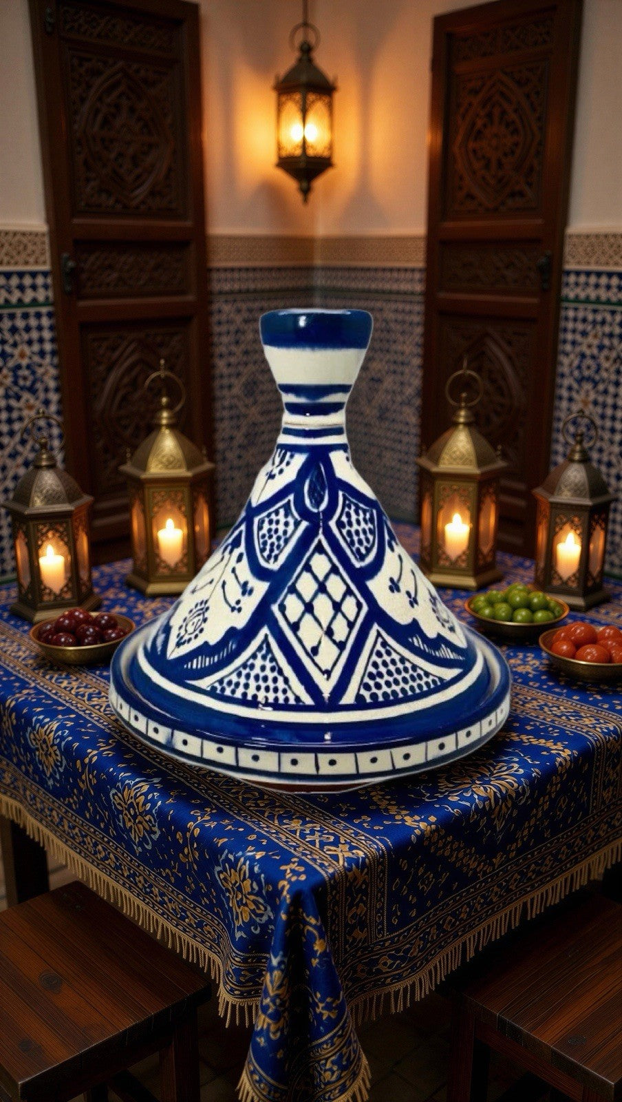 Moroccan Tagine Handcrafted Dome Lid Terracotta White & Blue Tajine 7 7/8”D