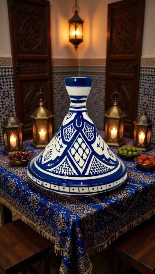 Moroccan Tagine Handcrafted Dome Lid Terracotta White & Blue Tajine 7 7/8”D