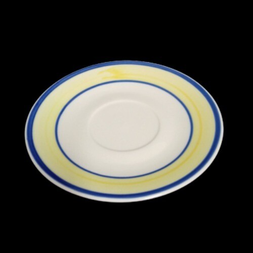 Gibson Designs TAVERNWARE YELLOW 4-Saucers 6 ¾” D Yellow Band Blue Rings Ceramic