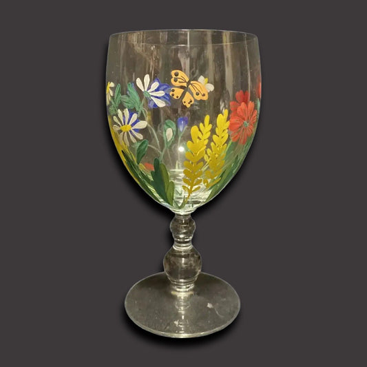 2-Hand Painted Wine Juice Water Cocktail Clear Glass Colorful Flowers Butterfly