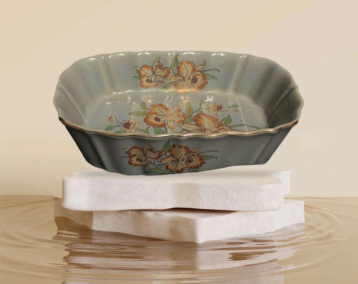 IMPERIAL JAPAN 2 Piece Soap Tray Toothbrush Holder Ceramic Floral Gold Accent