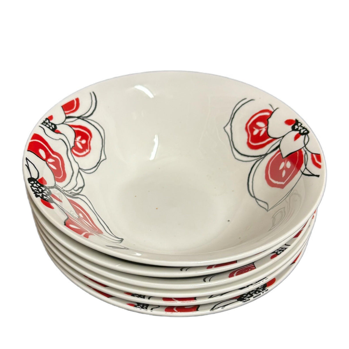 Rare Oneida BRIELLE 6-Bowls Soup/Cereal White Porcelain Red & Black Fower