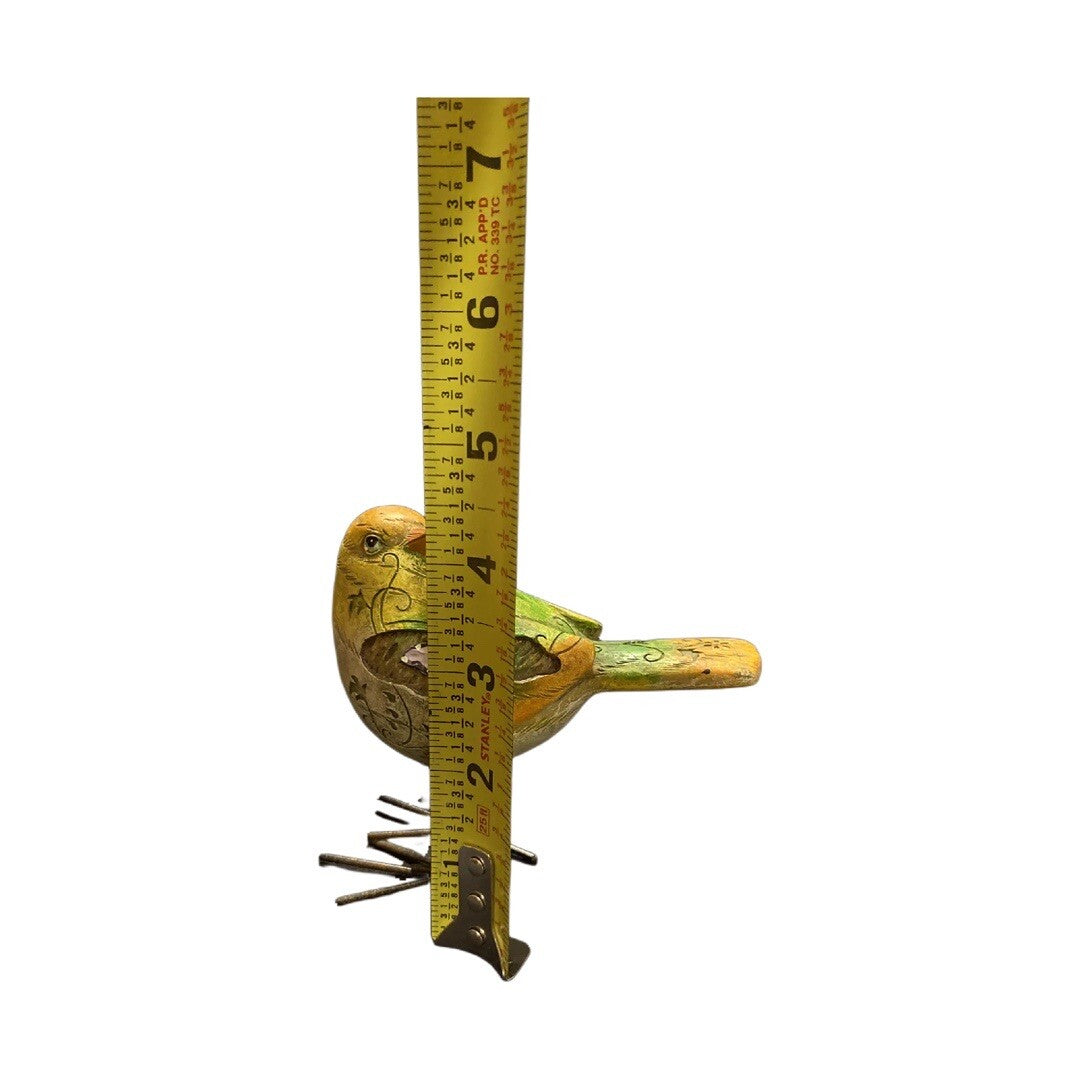 Hand Painted Ceramic Bird Figurine with Butterfly | Green Yellow Metal Accents