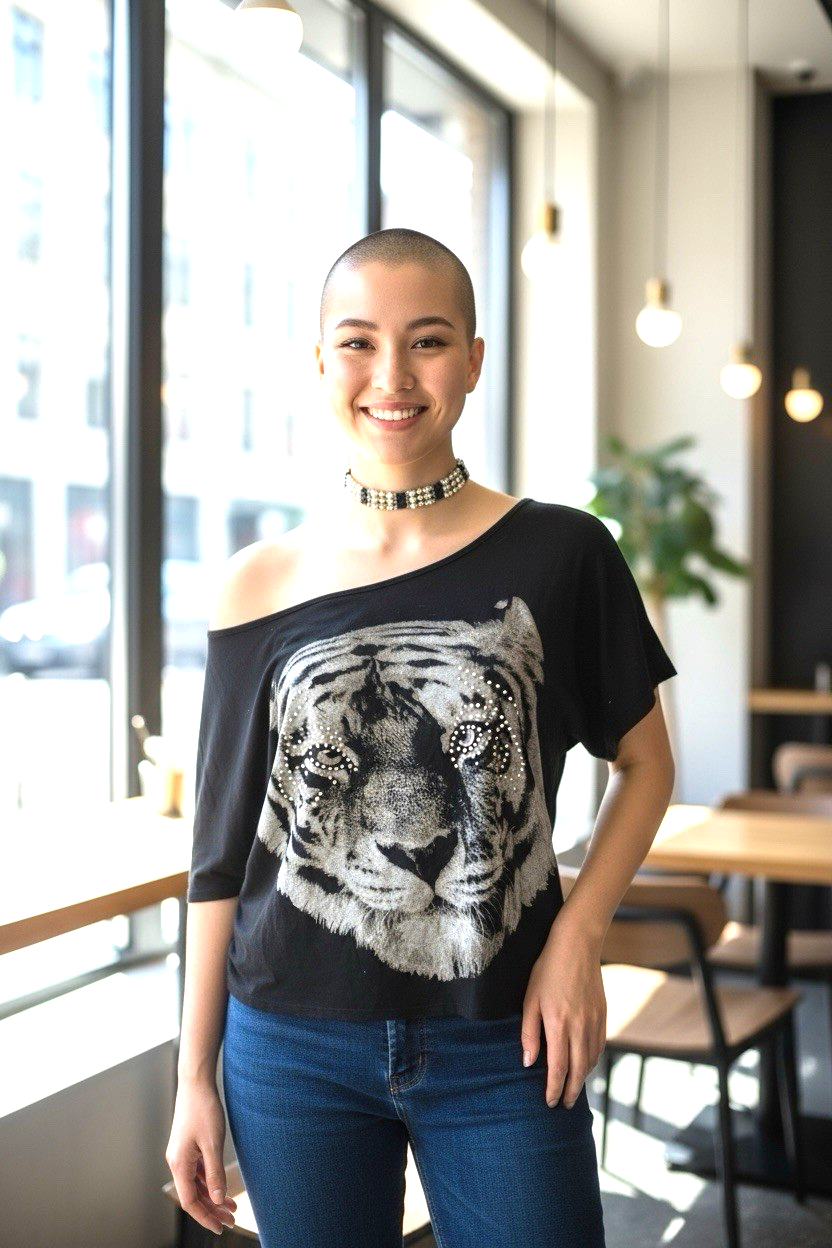 Love J Tatted Back Embellish Tiger Tee T-Shirt Women's Top