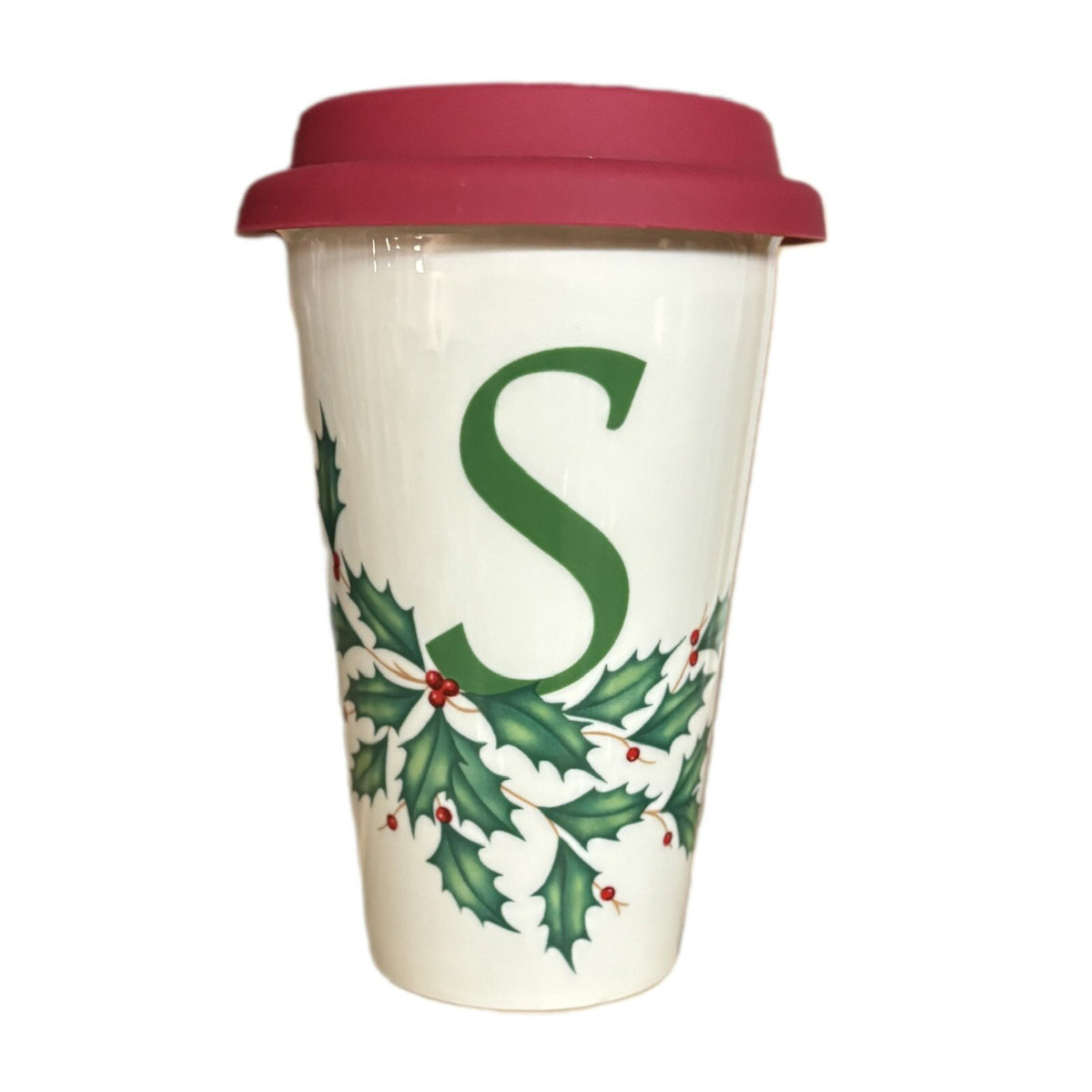 Lenox Holiday Mug Monogram S Ceramic Travel Coffee Tea Winter Cup Holly Berries