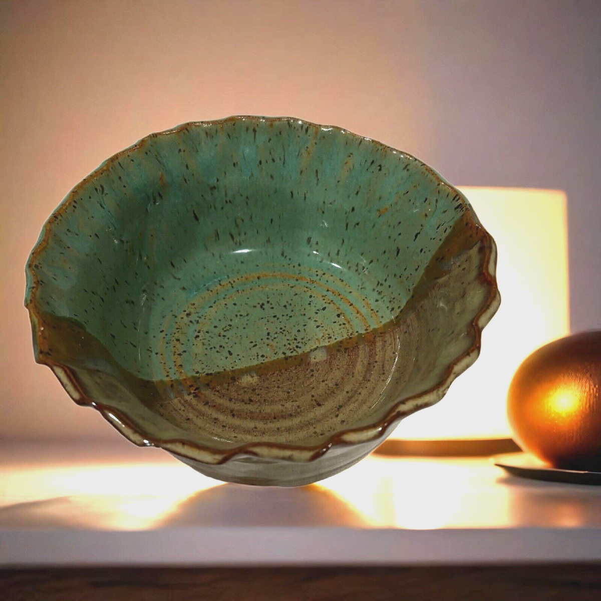 HANDCRAFTED BOWL Two-Tone Scalloped Pottery 2016 Signed Numbered Stoneware G522