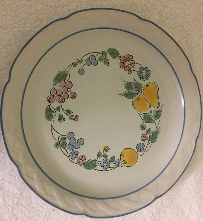 "VINA FERA" Durasafe Dinner Plate Fruits Flowers Blue Trim Oven Safe 10 3/4" D