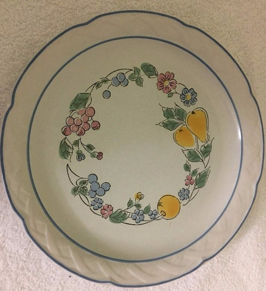 "VINA FERA" Durasafe Dinner Plate Fruits Flowers Blue Trim Oven Safe 10 3/4" D