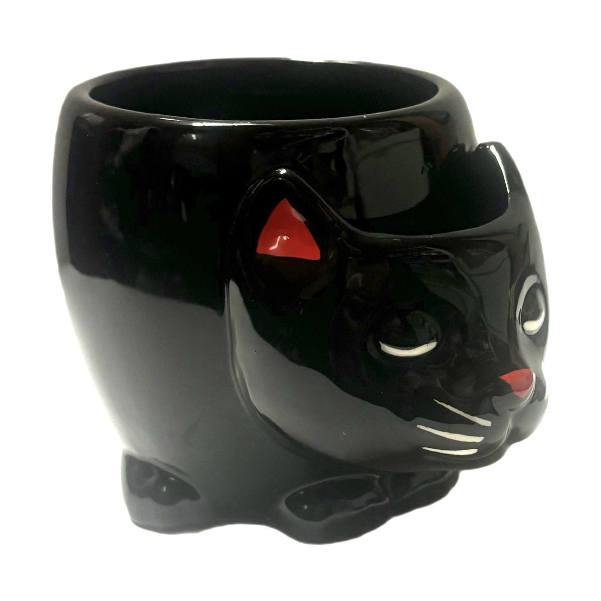 Black Cat Ceramic Mug Red Ears Nose Sculpted Coffee Tea Cup Cute Gift