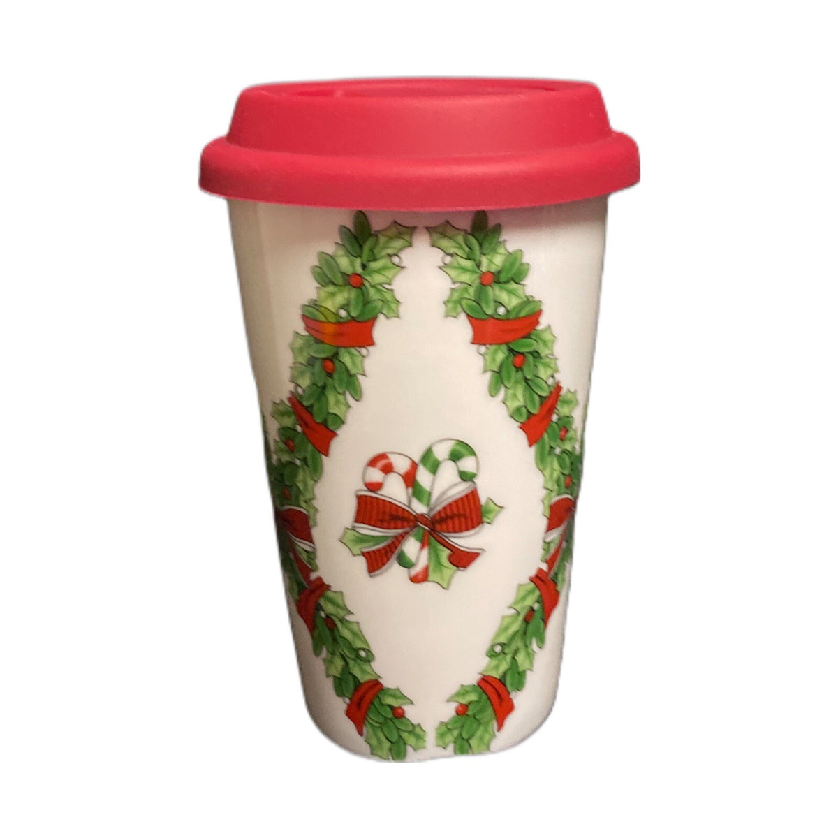 Fitz & Floyd Travel Mug Christmas CANDY CANE SANTA Holly Berry Red Silicone Lid