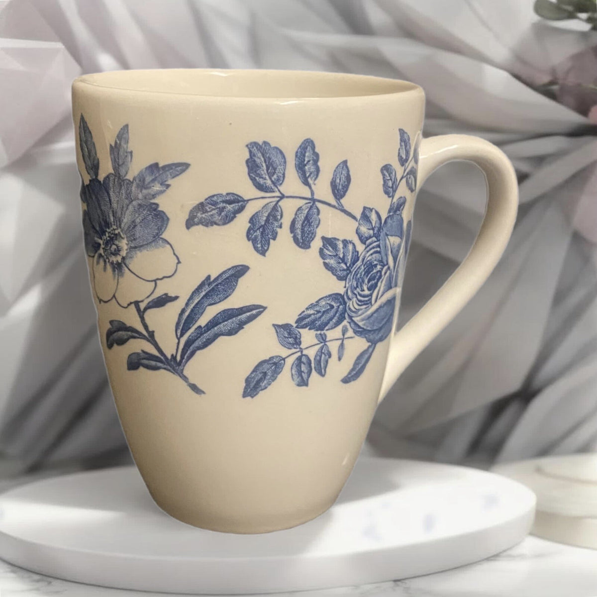 Churchill Mugs Blue Peony Ceramic England Set of 2 White Coffee Tea Cups