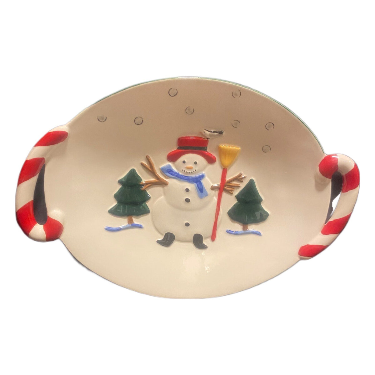 Vintage Pfaltzgraff Oval Platter Mexico Winter Ceramic Tray Candy Cane Snowman